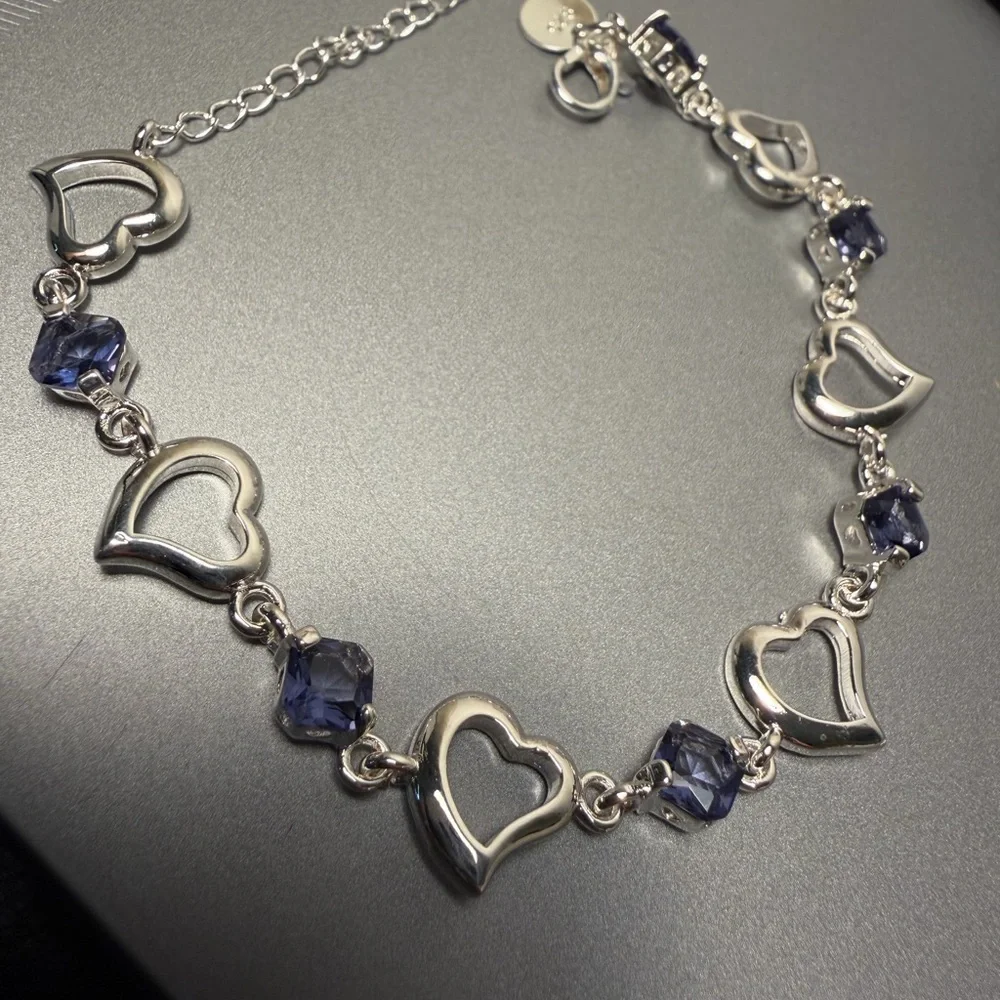 NEW 925 Sterling Silver Heart Purple Bracelet - Picture 6 of 8
